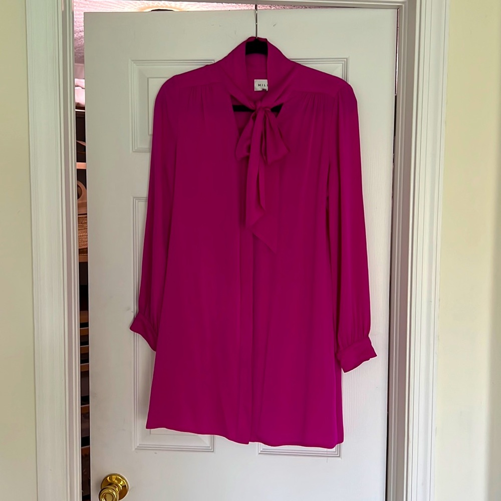 Milly fuchsia silk neck tie long sleeve blouse dress size 6